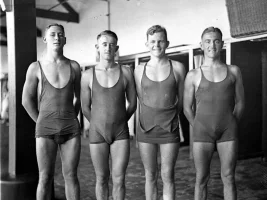 23-Four male swimmers, (Noel Ryan 3rd from left, Sam Herford far right),1930.webp